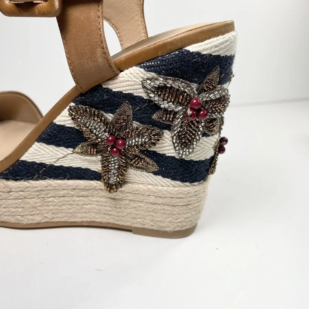 Antonio Melani Espadrille Platform Heels Tan Leather embellished Heel Size 6M